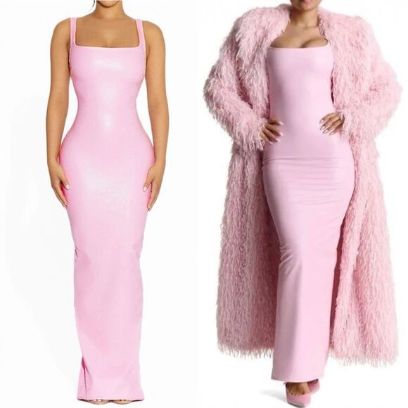 NWT Naked Wardrobe Pink Faux Leather Maxi Tank Dress Size Medium Fitted Bodycon - Picture 4 of 16